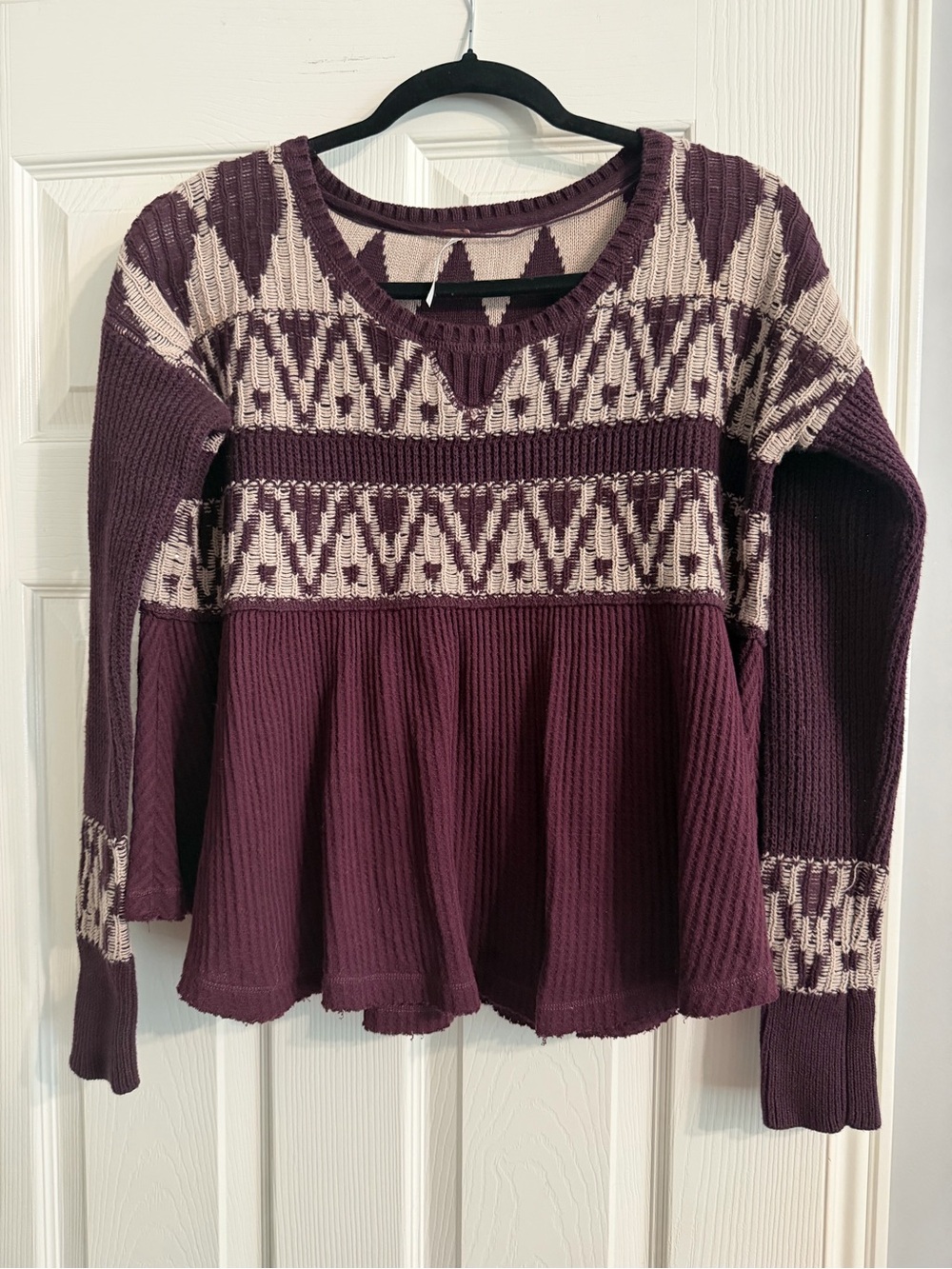 Free People Plum and Cream Patterned Knit Peplum Sweater size S